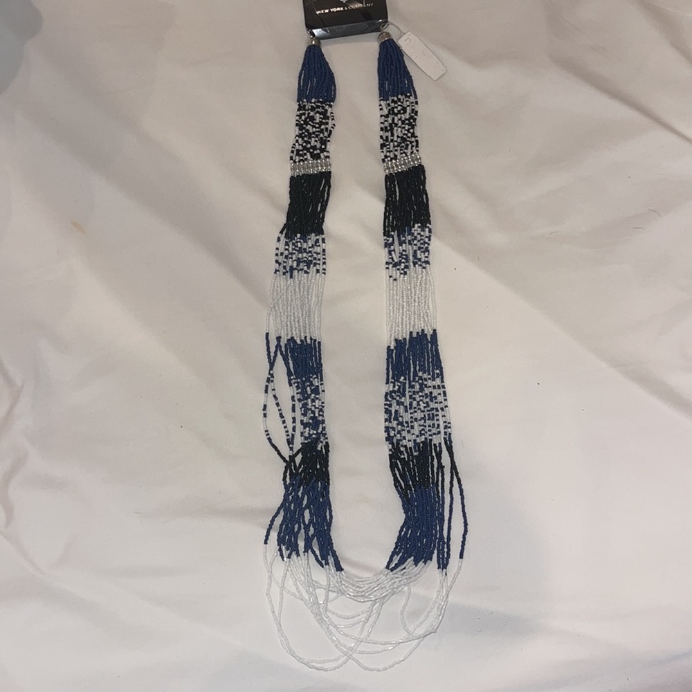 Long beaded blue white silver necklace